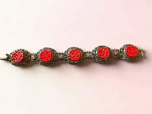 Art Nouveau Red Cinnabar Brass Flowers & Butterflies Panel Bracelet