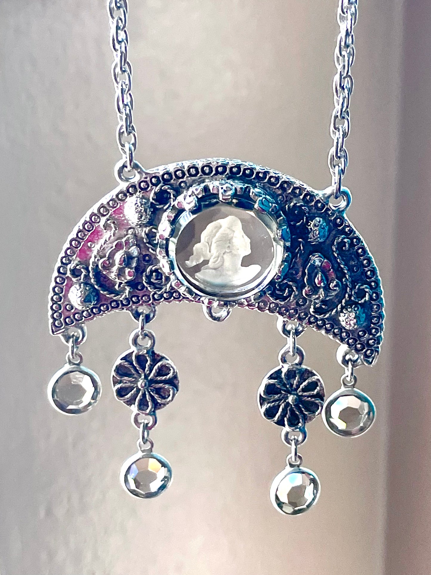 Grey Faceted Intaglio Cameo Crescent Moon Dangling Crystal Vintage Necklace