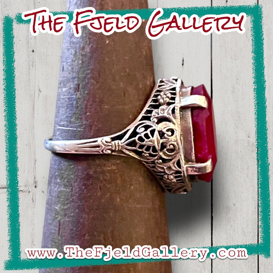 Victorian Filigree Natural Faceted 20 Carat Ruby Ring