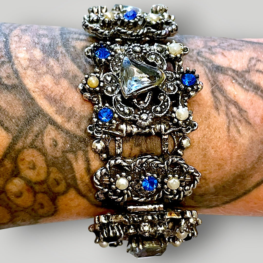 Stunning Multi Blue Crystal & Pearl Victorian Book Link Chunky Bracelet