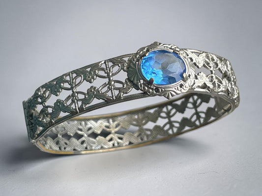Victorian Rhodium Plated Filigree Blue Topaz Crystal Art Glass Hinged Bangle Bracelet