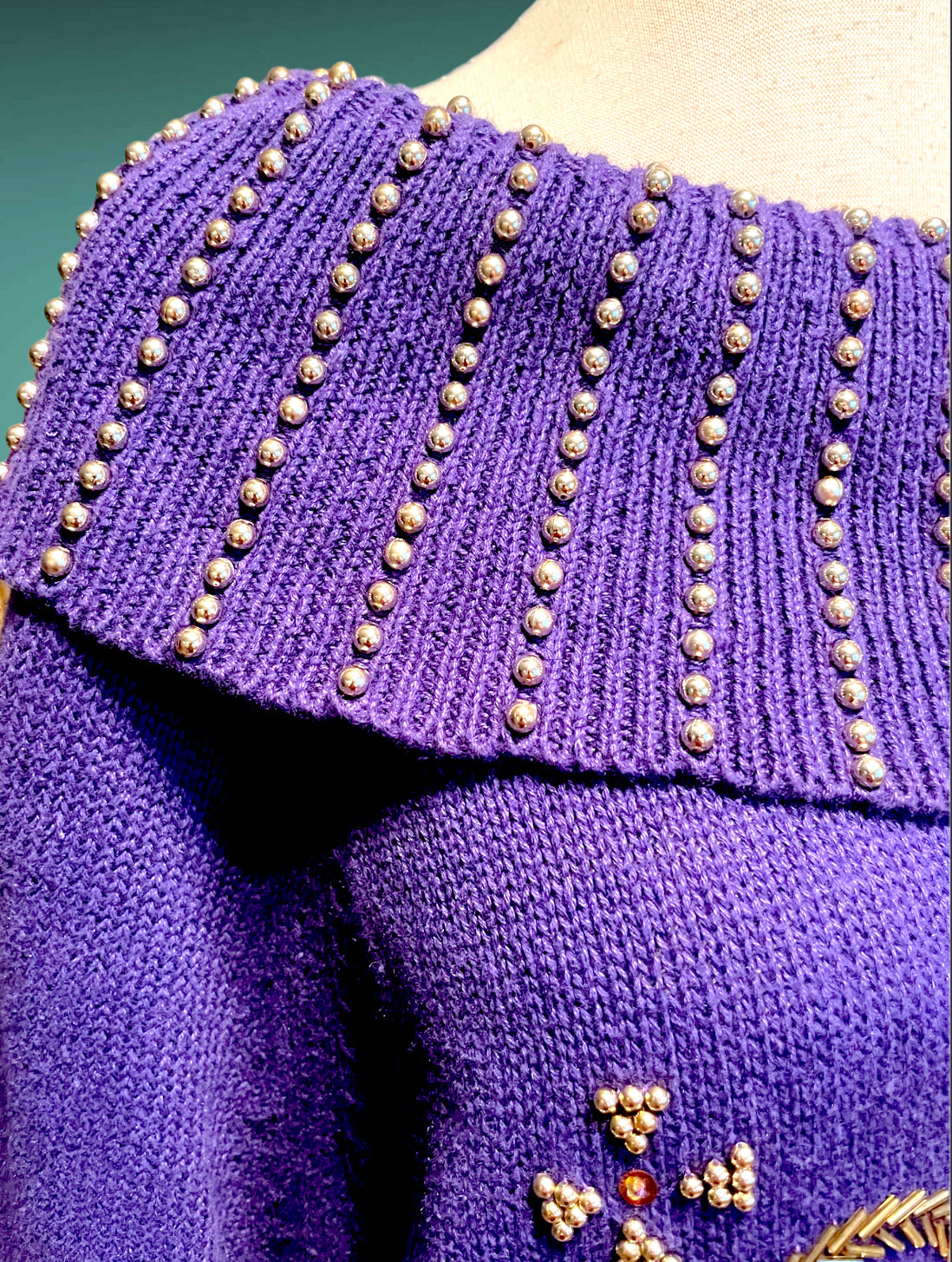 Vintage 1980’s Purple Oversized Boat Neck Sweater with Gold Bead Detail Design