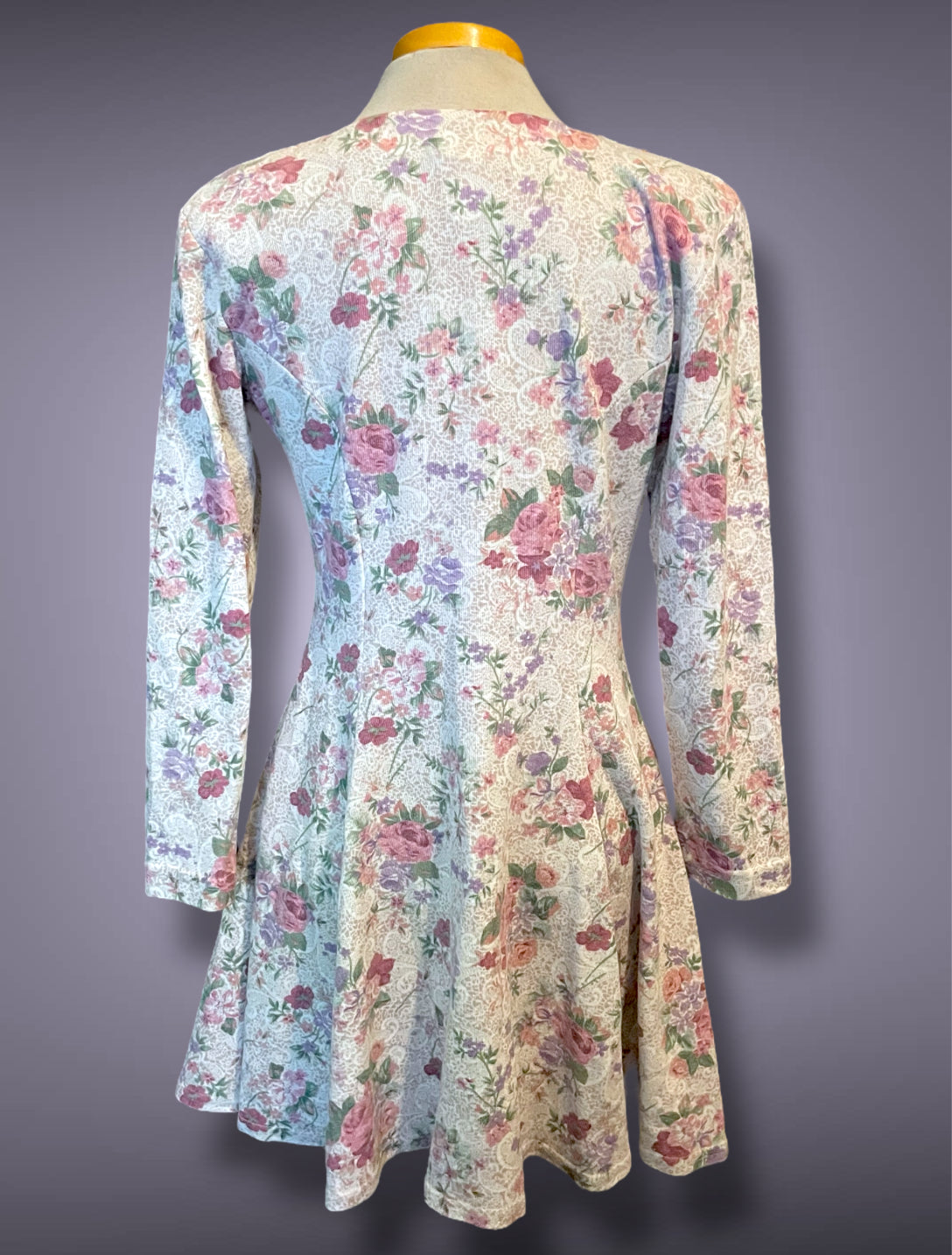 1990’s Pink Floral Rose Print Pearl Button Up Long Sleeve A-Line Dress