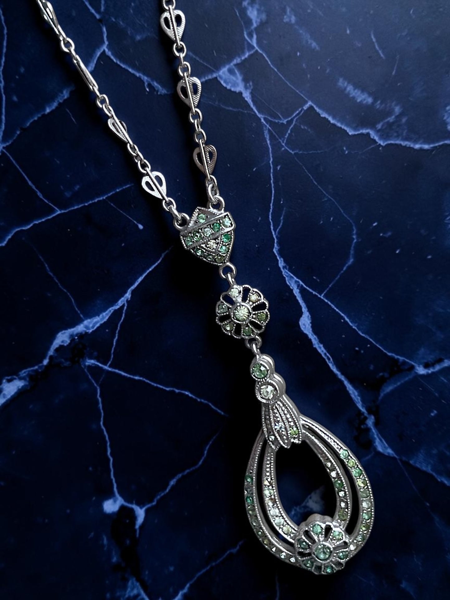 Art Deco Sterling Silver Crystal Floral Drop Y Necklace