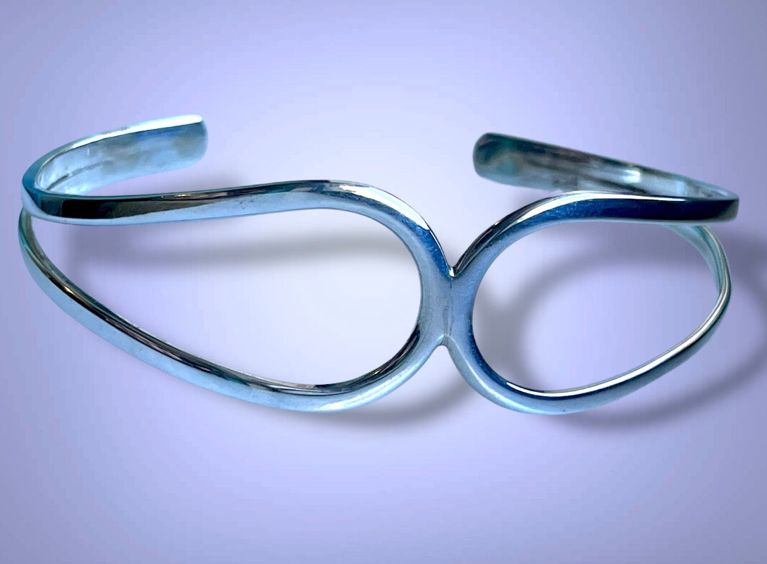 Vintage Solid Sterling Silver Geometric Double Teardrop Cuff Bracelet