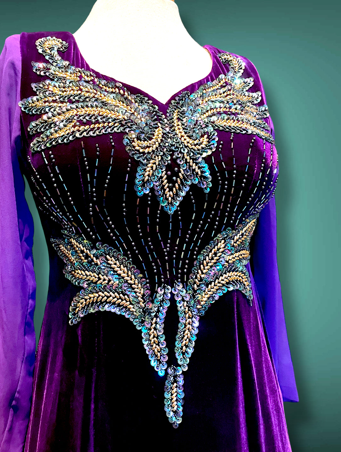 Deep Purple Velvet & Sheer Aurora Borealis Sequin Maxi Gown Dress