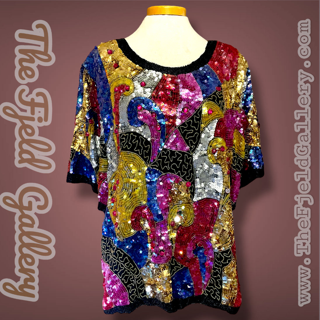 1970’s 100% Silk Sequin, Glass Seed Bead & Rhinestone Abstract Rainbow Top