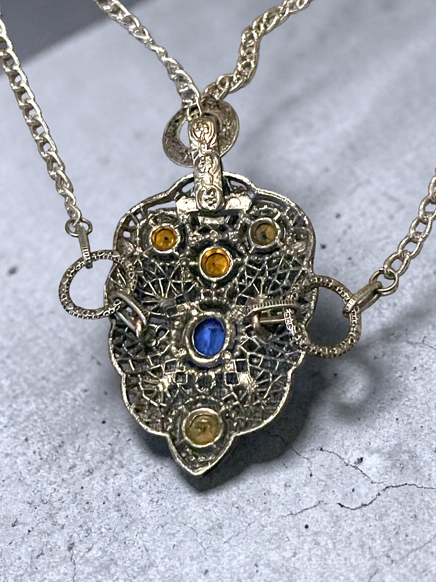 Czech Silver Filigree Fruit Salad Multi-color Leaded Past Stone Crystal Saphire, Emerald, Aquamarine, Ruby & Citrine Festoon Necklace