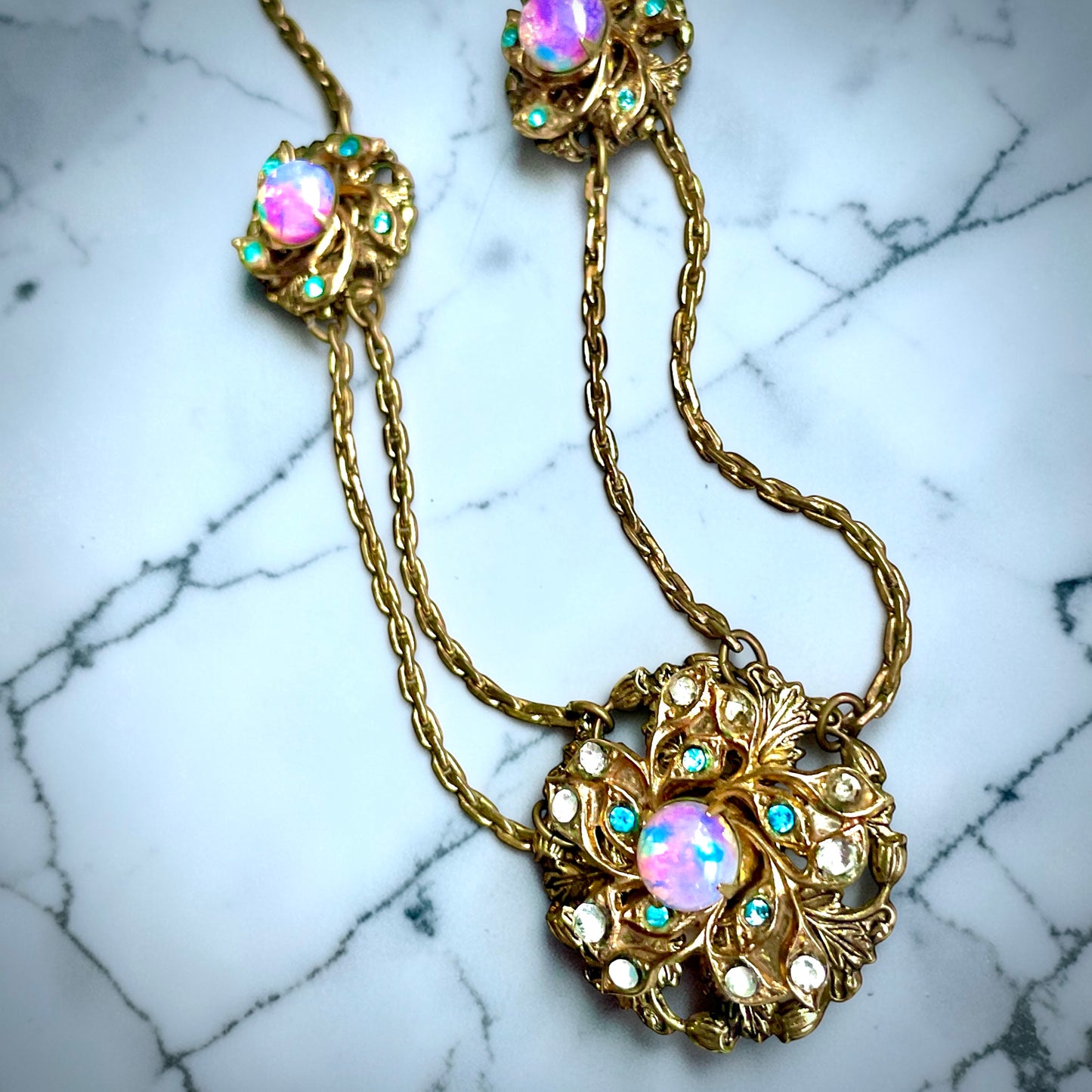 Edwardian Pink Gold Foil Art Glass Dragons Breath Fire Opal Festoon Necklace