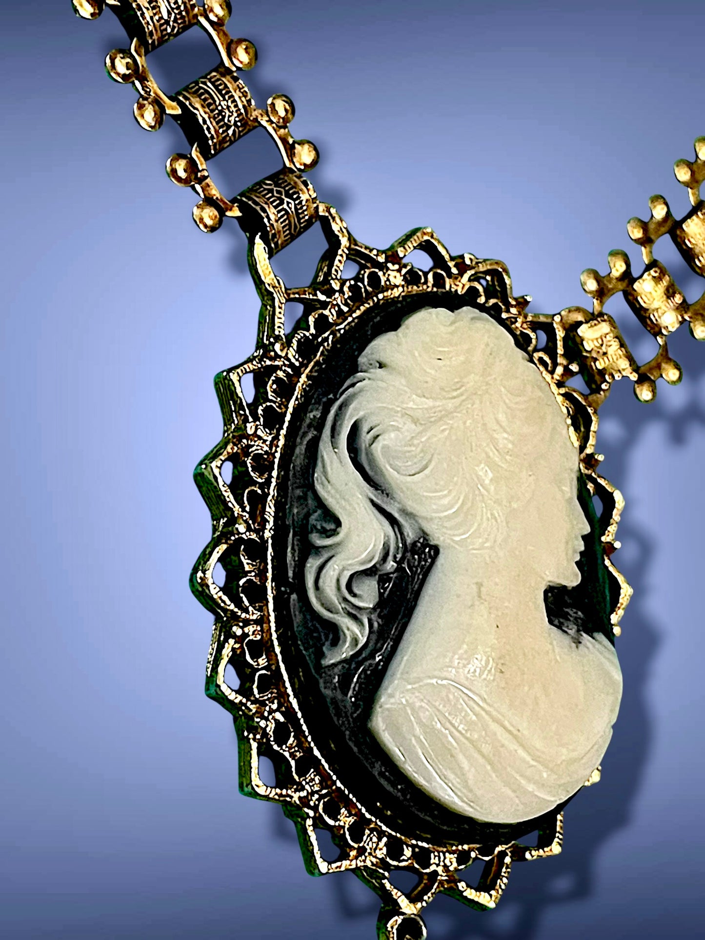 Victorian Gold Book Link Chain Black & Cream Mourning Cameo Designer Signed Necklace