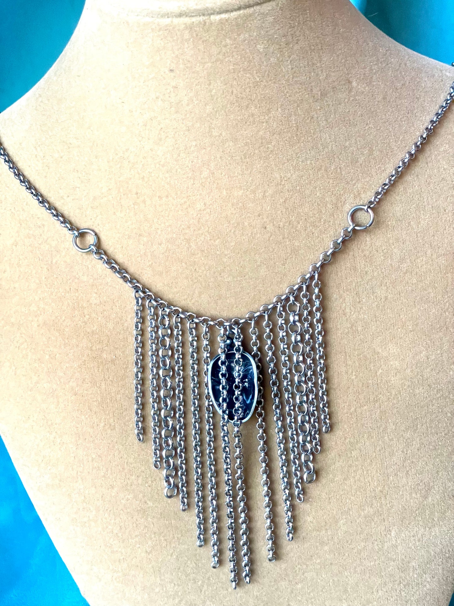 Designer Thierry Mugler Silver Face Fringe Necklace