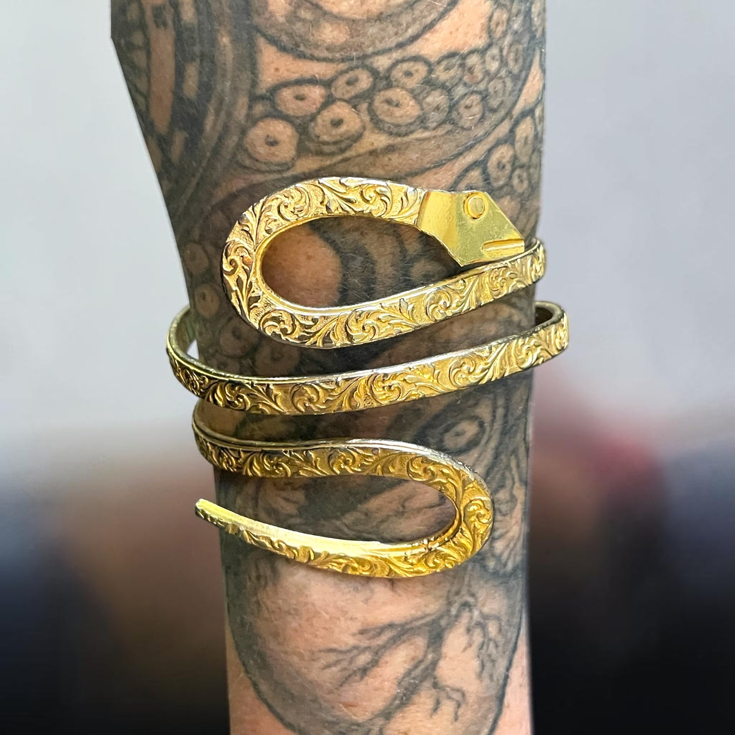 Brass Damask Embossed Triple Bypass Snake Arm Bangle Bracelet