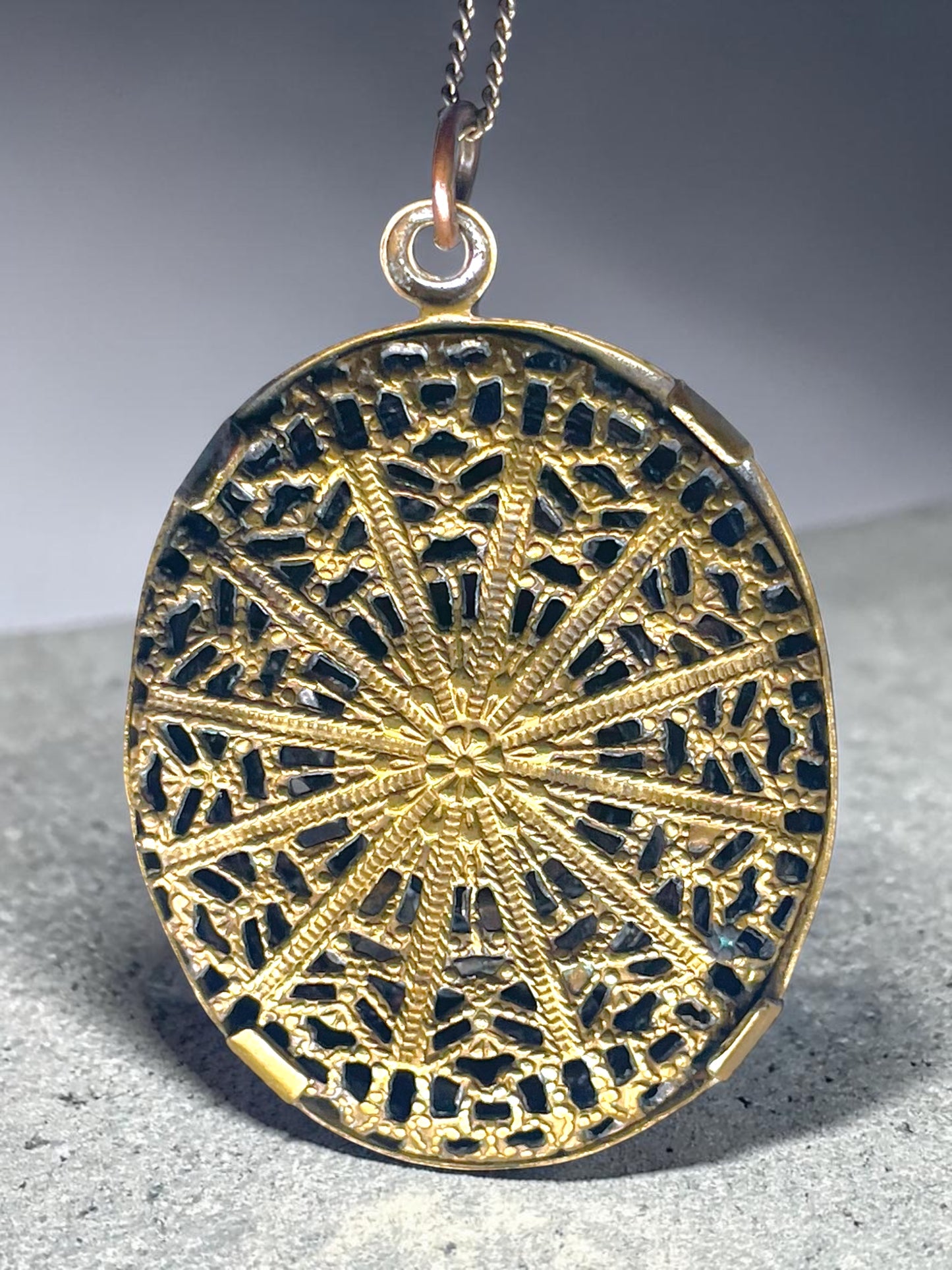 Art Nouveau Royal Blue Czech Art Glass Silver & Brass Filigree Necklace