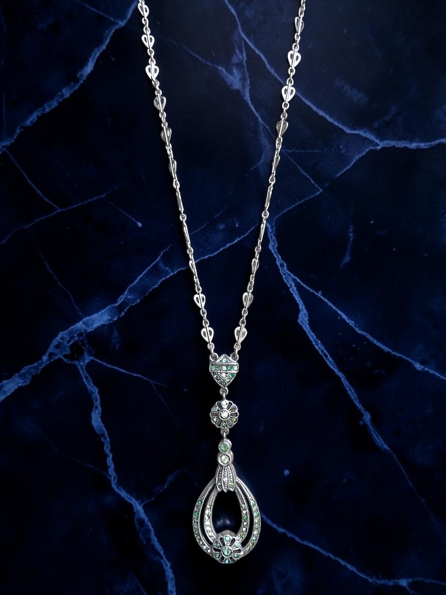 Art Deco Sterling Silver Crystal Floral Drop Y Necklace