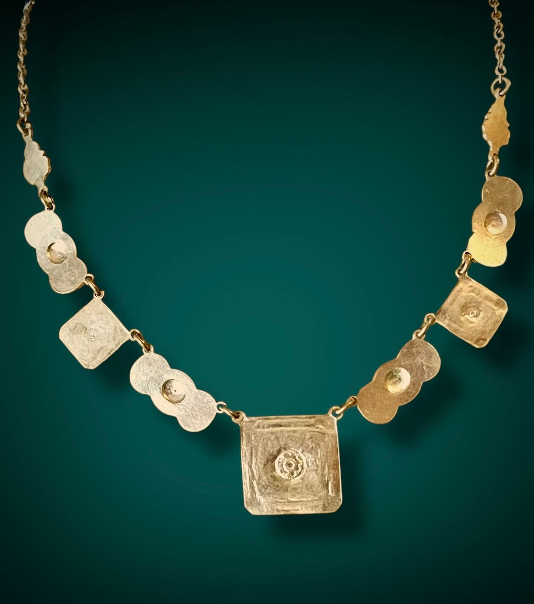 Victorian Rococo Geometric Gilded Brass Black Jet Art Glass Necklace