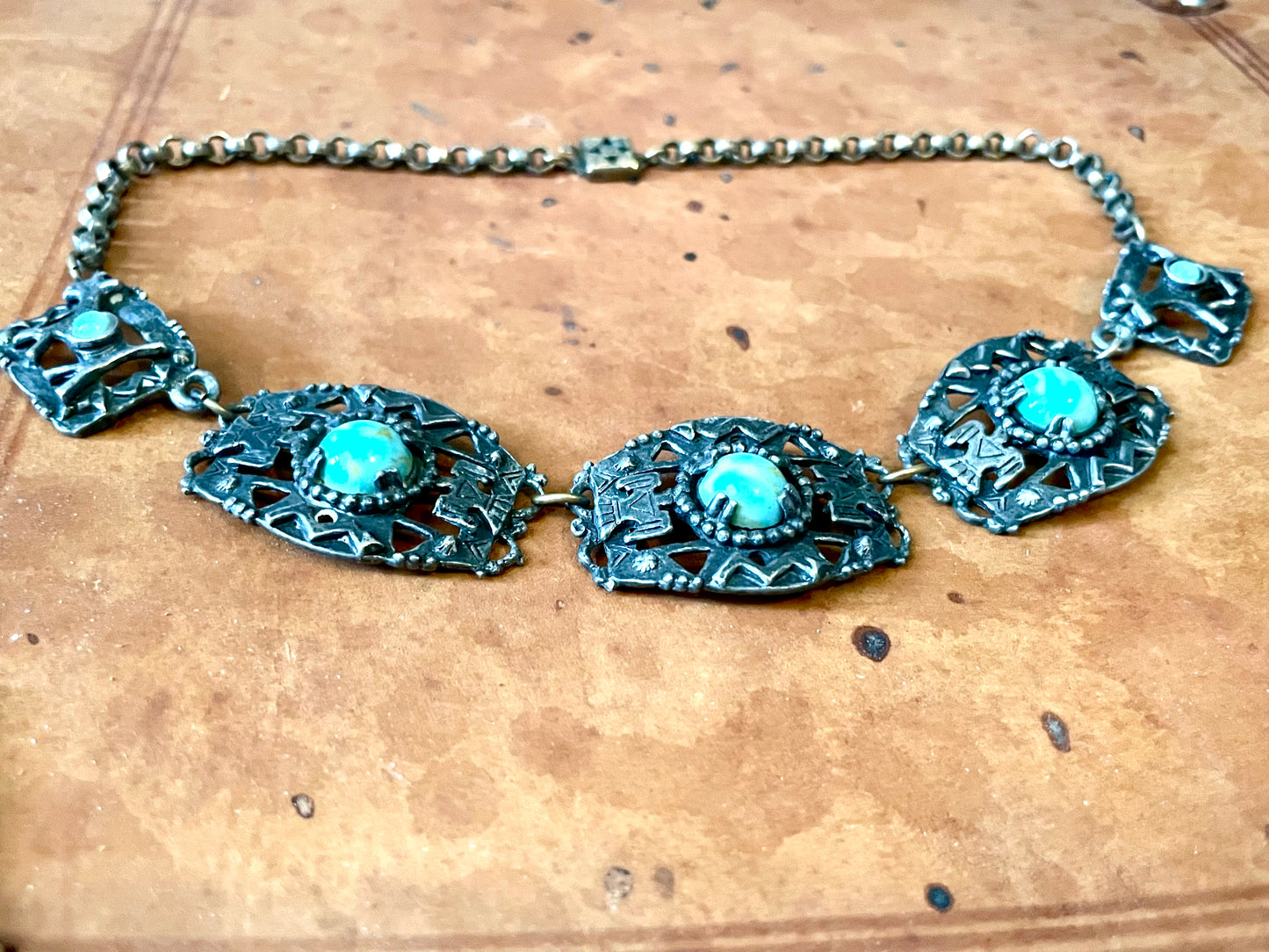 1940’s Southwest Thunderbird Cast Silver Panel Choker Necklace