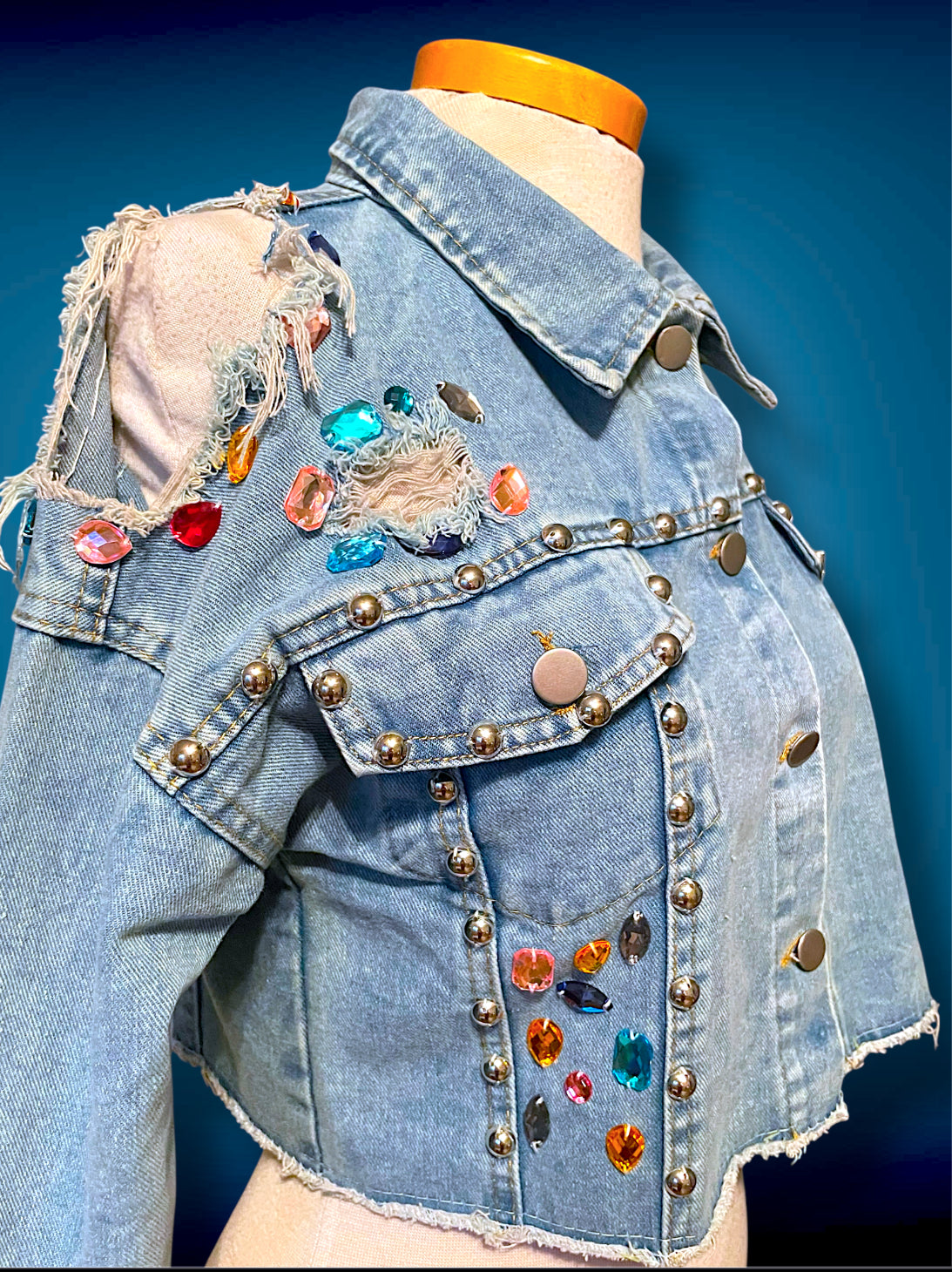 Vintage 1980’s Rainbow Jewel Crystal Stone Encrusted & Metal Rivet Crop Distressed Jean Jacket