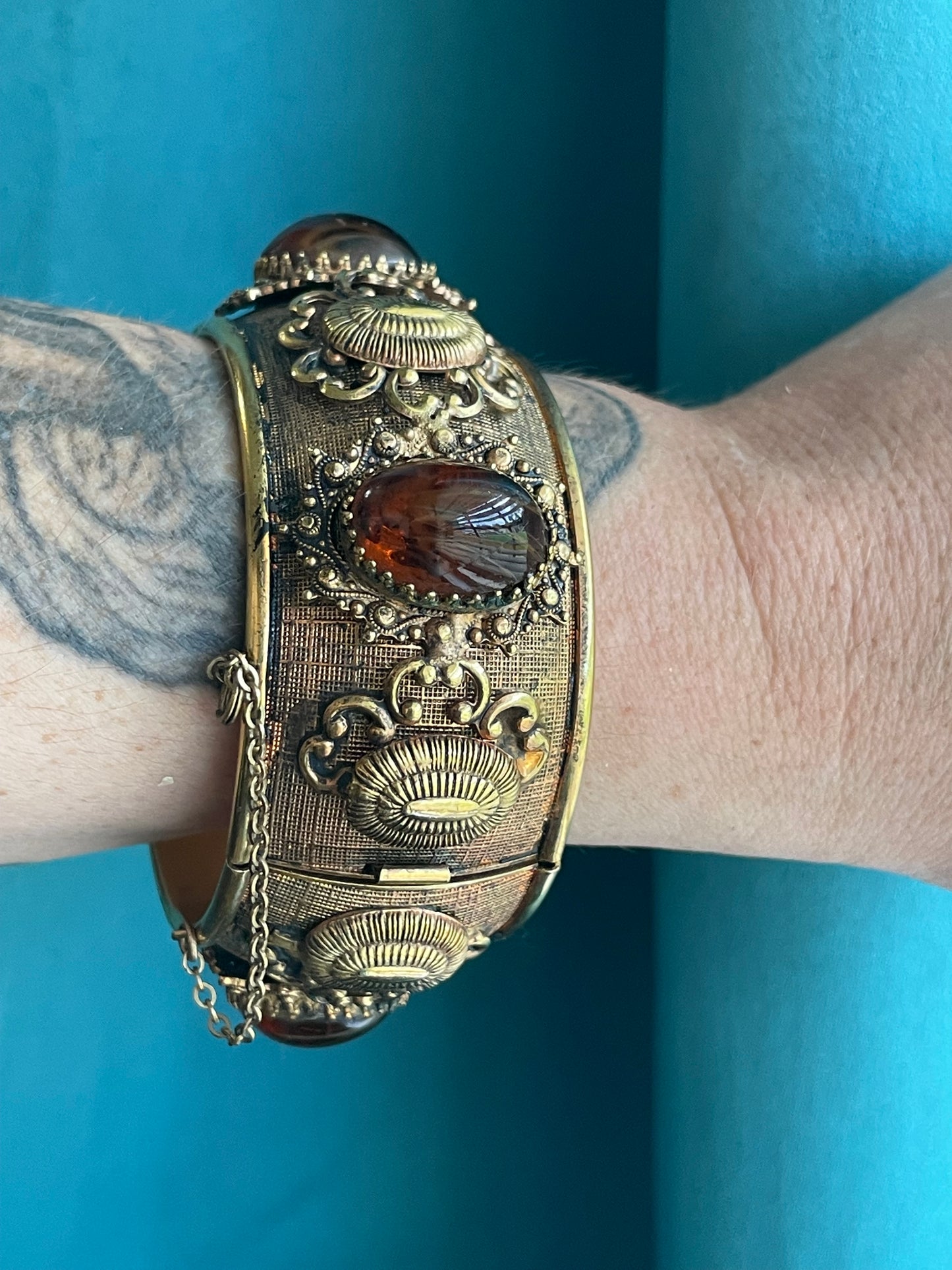 Ornate Amber Marble Art Glass Brass Domed Hinged Bangle Bracelet