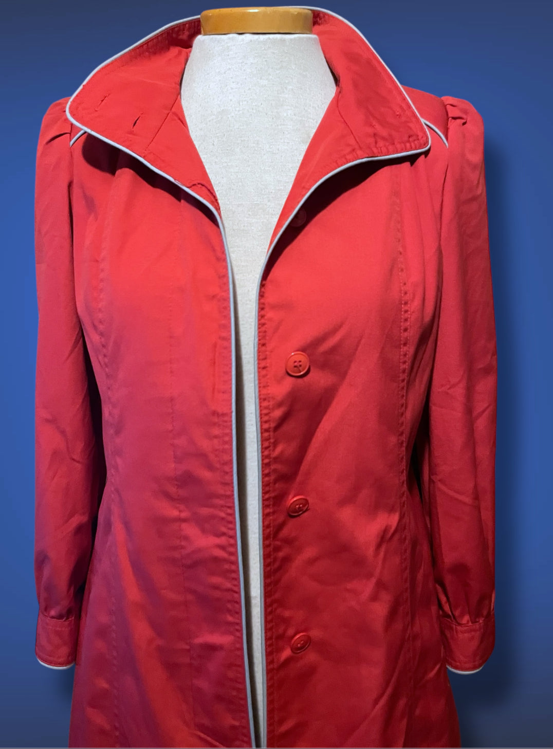 Vintage 1970’s Magenta Pink Long Trench Coat with Grey Piping Mod Detail