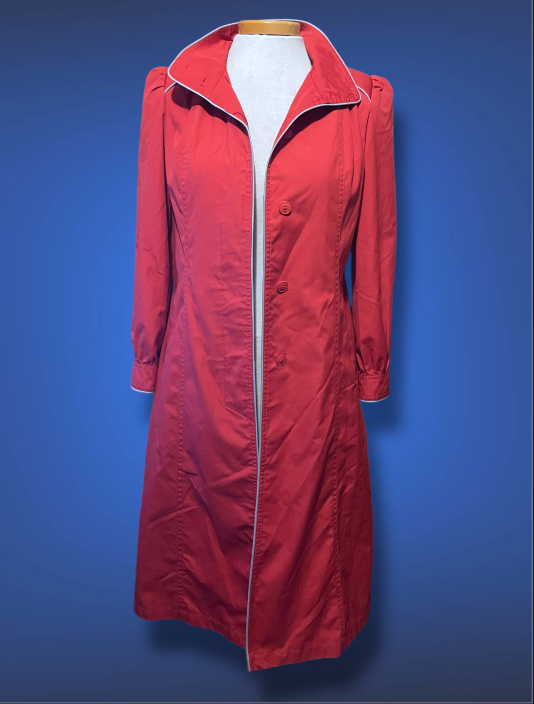 Vintage 1970’s Magenta Pink Long Trench Coat with Grey Piping Mod Detail