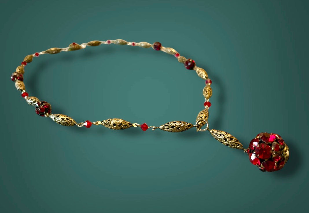 Vintage Art Nouveau Czech Ruby Red Crystal Brass Filigree Y Lavaliere Necklace