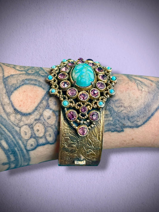Czech Turquoise Hubble Art Glass & Purple Lilac Crystal Engraved Lilly Flower Brass Hinged Bangle Bracelet