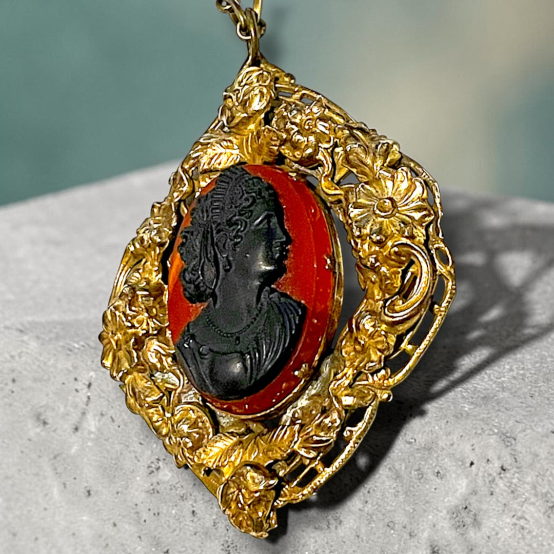 Huge Red & Black Art Glass Cameo Gilded Brass Repoussé Art Nouveau Floral Frame Pendant Necklace