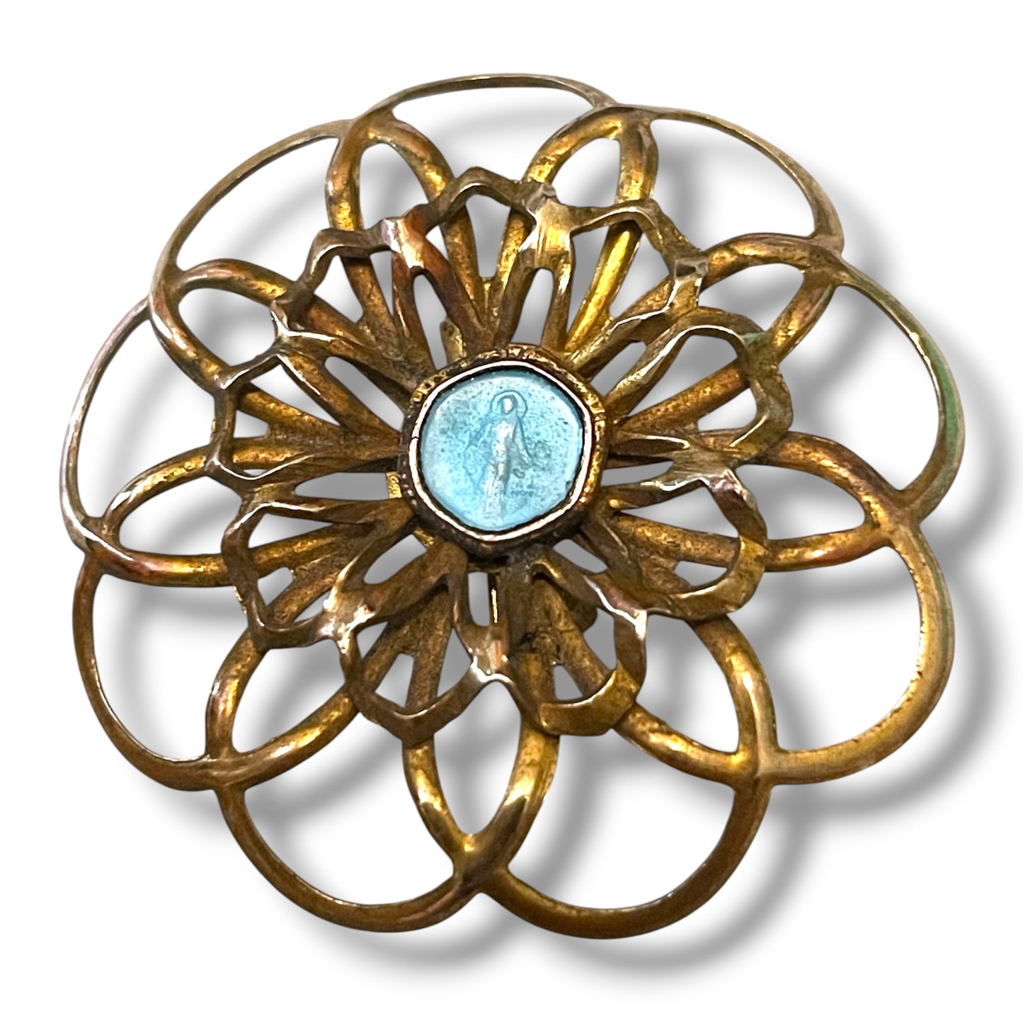 Vintage Religious Virgin Mother Mary Cloisionné Enamel Brass Flower Brooch