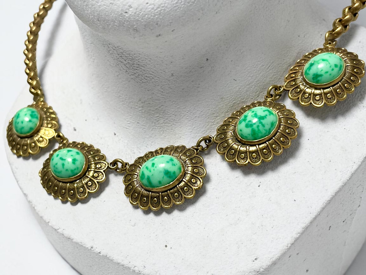 Art Nouveau Czech Peking Green Jade Art Glass Necklace