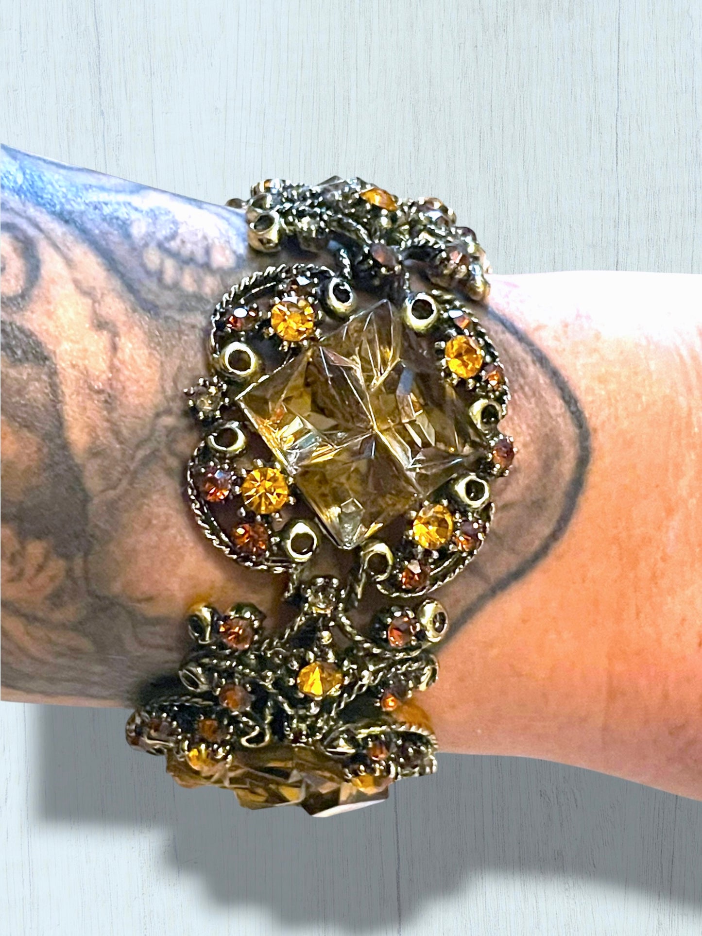 Incredible Vintage Chunky Faceted Amber & Topaz Crystal Designer Bracelet