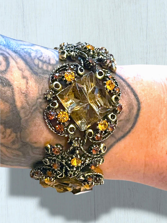 Incredible Vintage Chunky Faceted Amber & Topaz Crystal Designer Bracelet