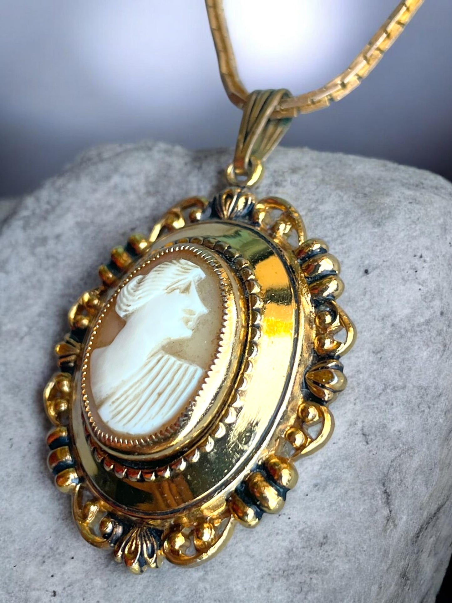 Art Nouveau Hand Carved Coral Pink Shell Cameo Photo Locket Left Facing Cameo Necklace