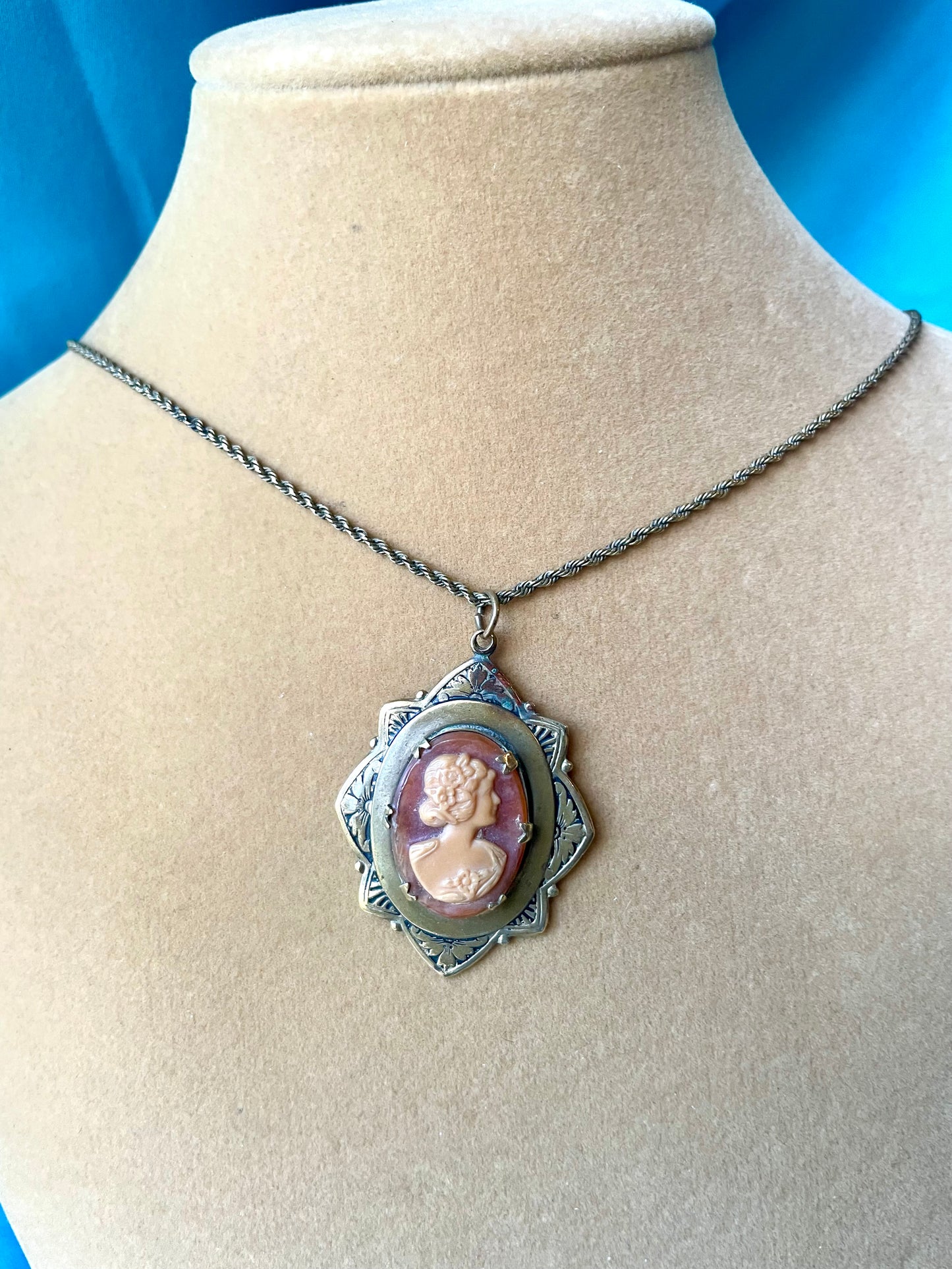 Art Nouveau Engraved Brass Orange & Cream Celluloid Cameo Necklace