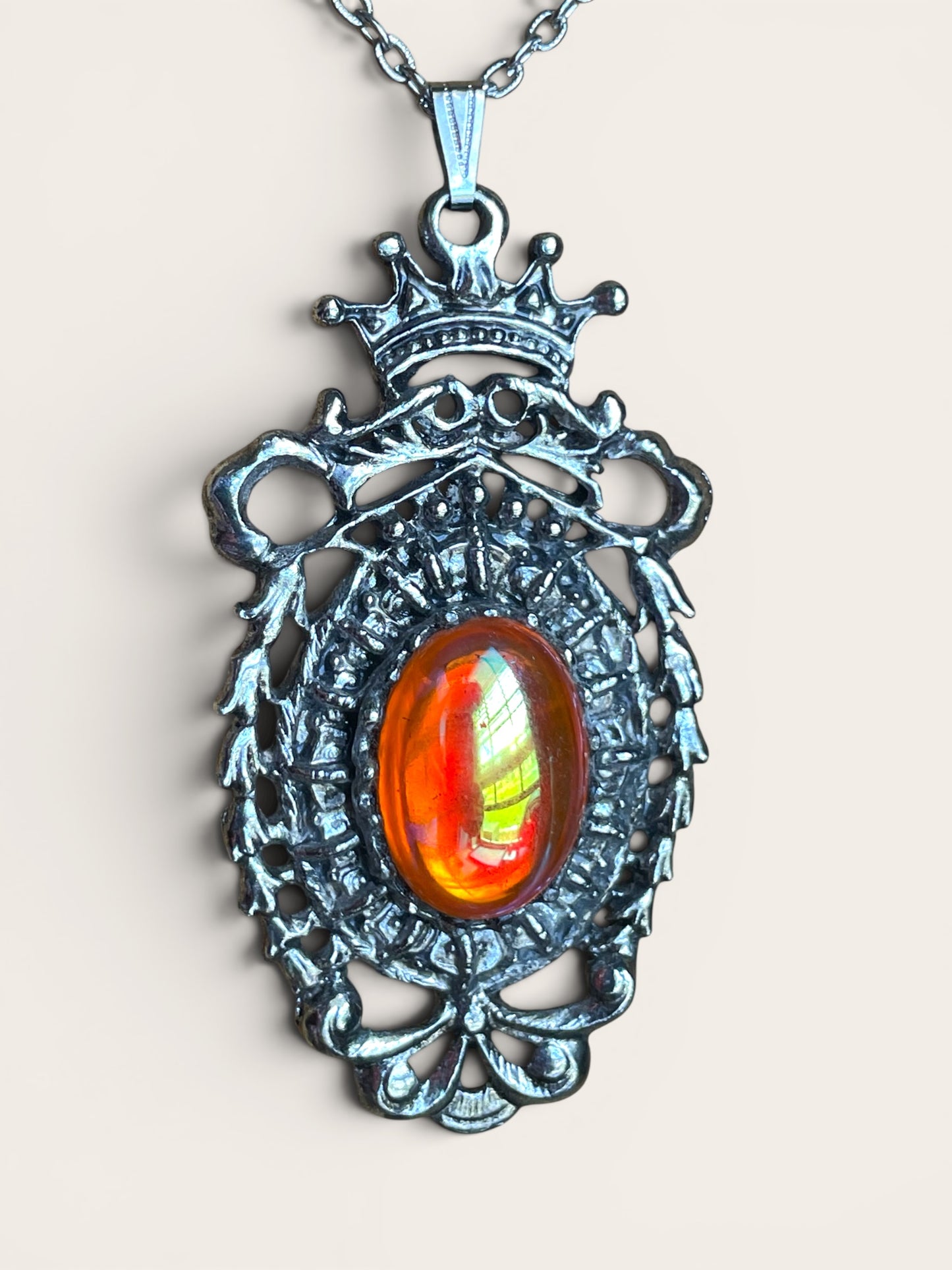 Royal Regency Orange Pink Carnival Art Glass Silver Crown & Garland Pendant Necklace