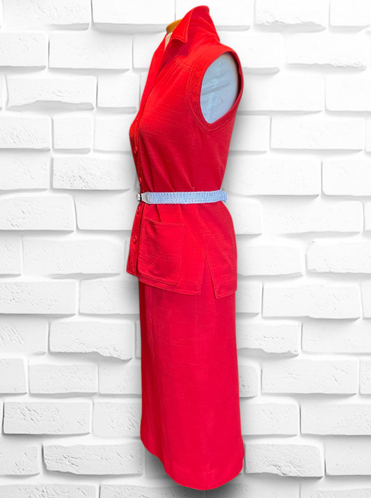 1970’s Red Polyester Linen Skirt & Sleeveless Top Set