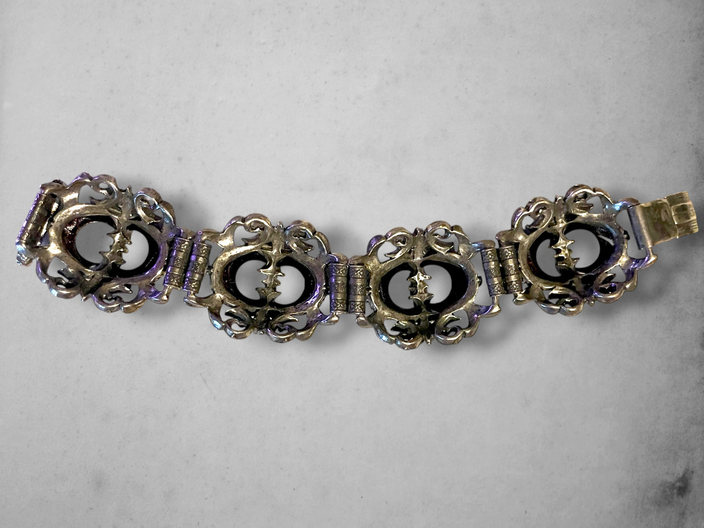 Victorian Booklink Chain Black Crescent Moon Crystal Panel Bracelet