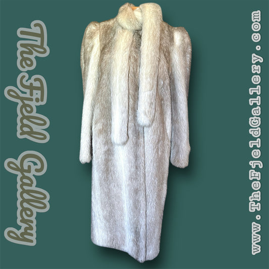 1960 Beige & Ivory Faux Fur Long Overcoat w/ Attached Fur Scarf