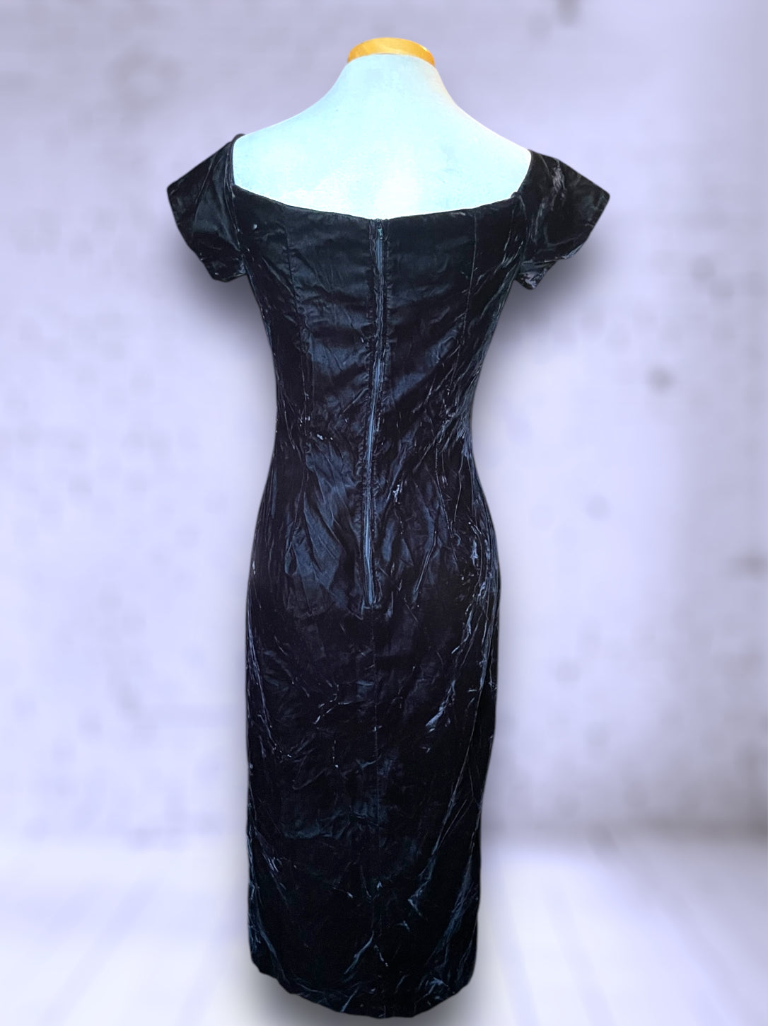 Vintage 1980’s Black Crush Velvet Off the Shoulder High Slit Dress