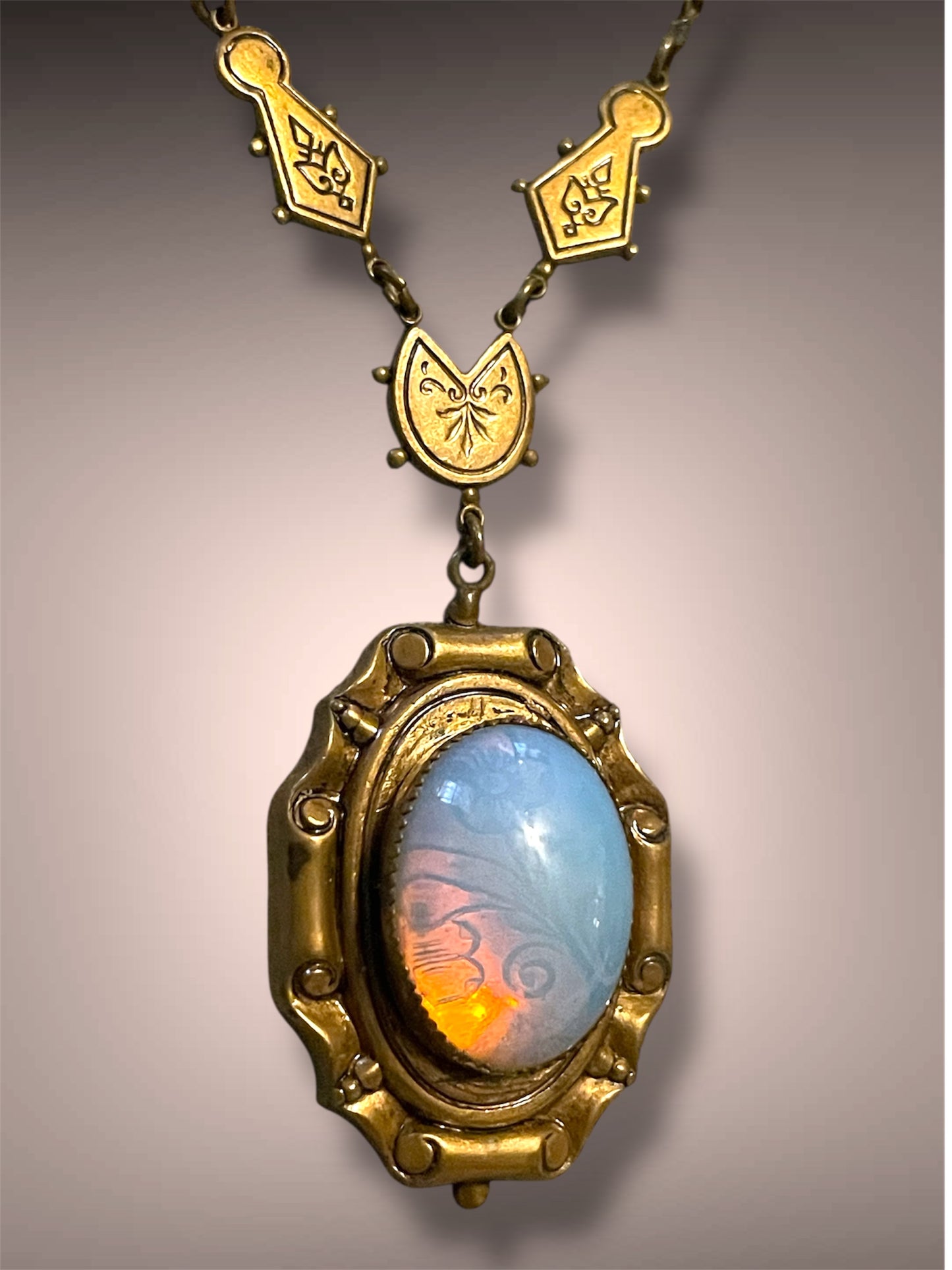 Victorian Opalite Floral Design See Through Gilt Brass Necklace