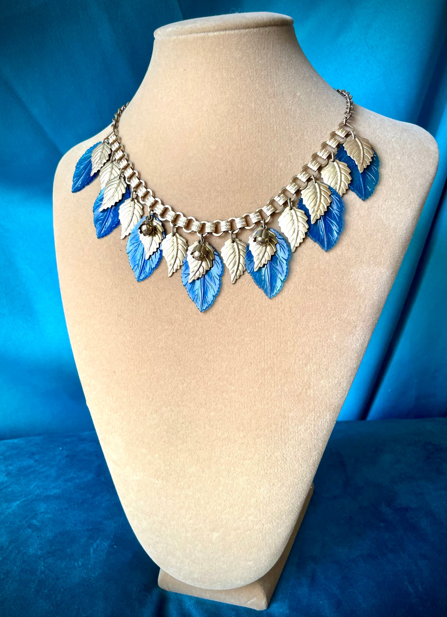 Miriam Haskell Embossed Brass & Turquoise Translucent Early Plastic Leaf & Bell Victorian Booklink Choker Necklace