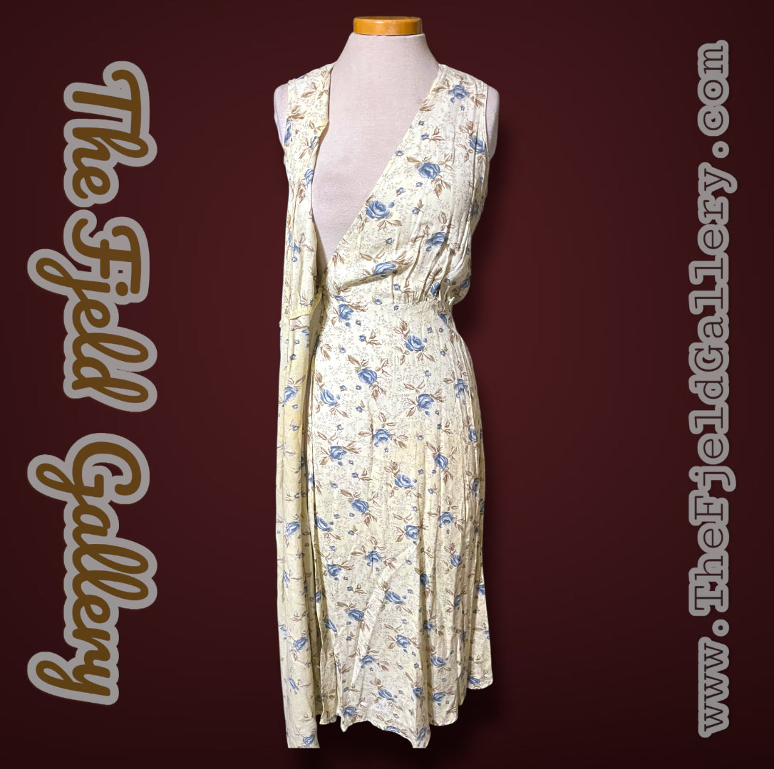 1990’s GAP Pale Yellow & Blue Floral Sleeveless Maxi Wrap Dress sz XS