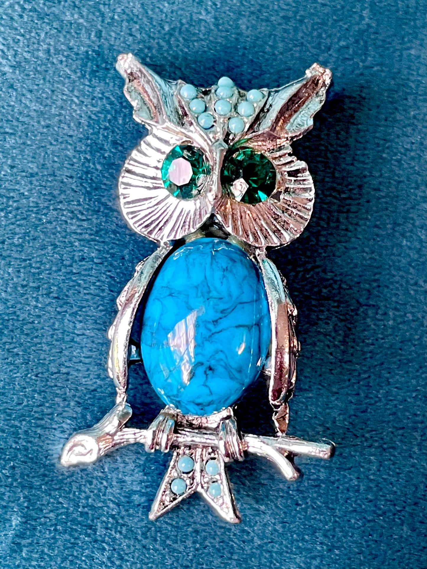 Jelly Belly Turquoise Hubble Art Glass & Green Crystal Silver Owl Figural Brooch
