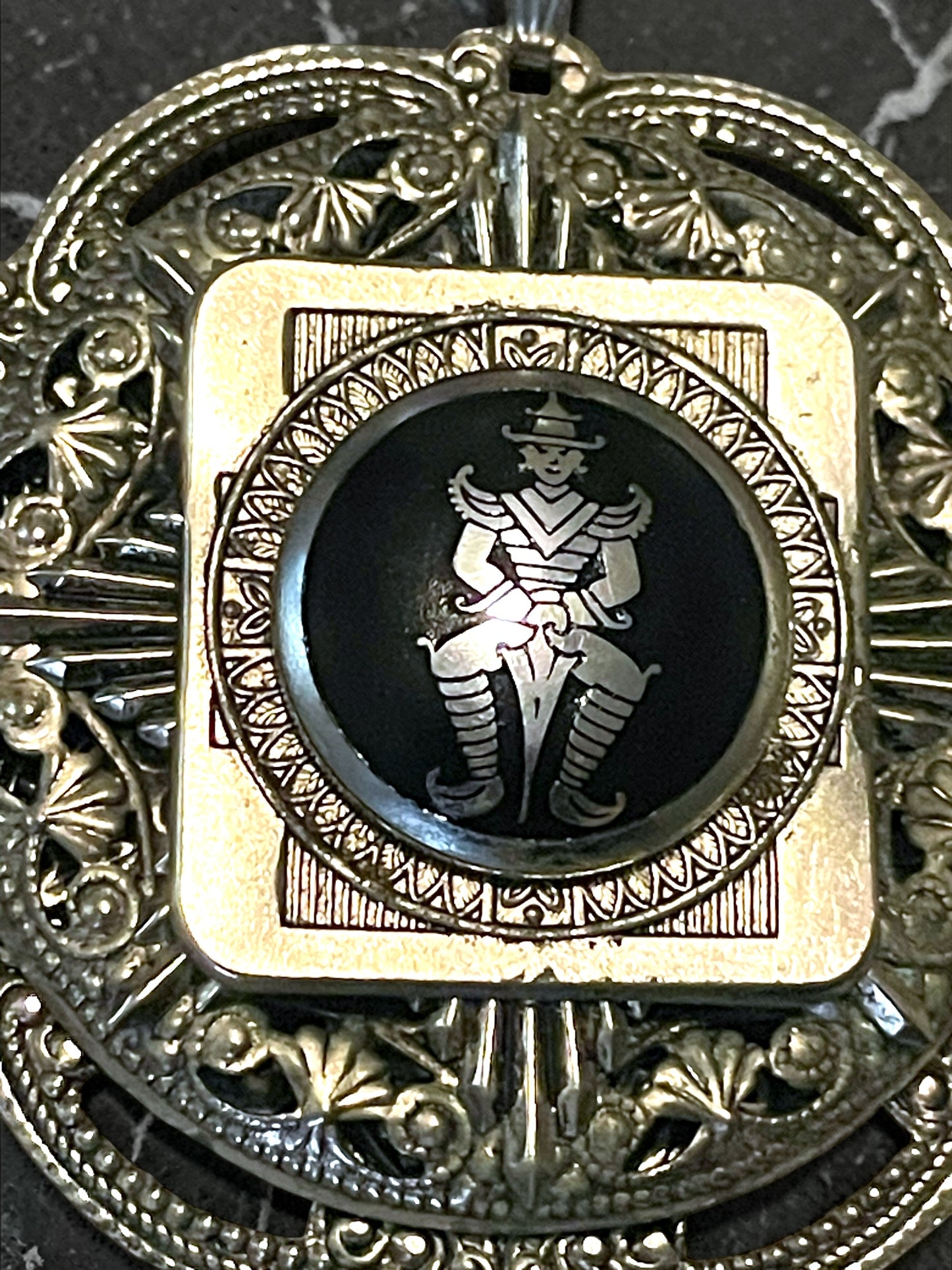 Siam Nielloware Warrior Silver Embossed Victorian Bookchain Pendant Necklace