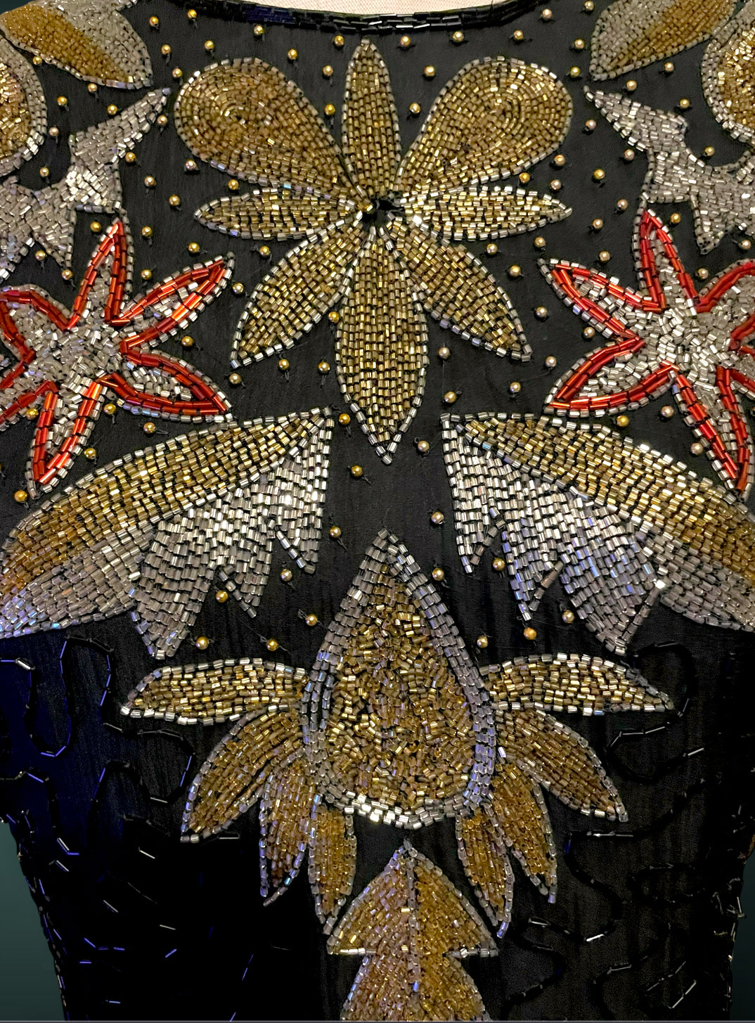 Vintage 1980’s Silk NYE Gold Silver Red & Black Glass Bead Short Dress