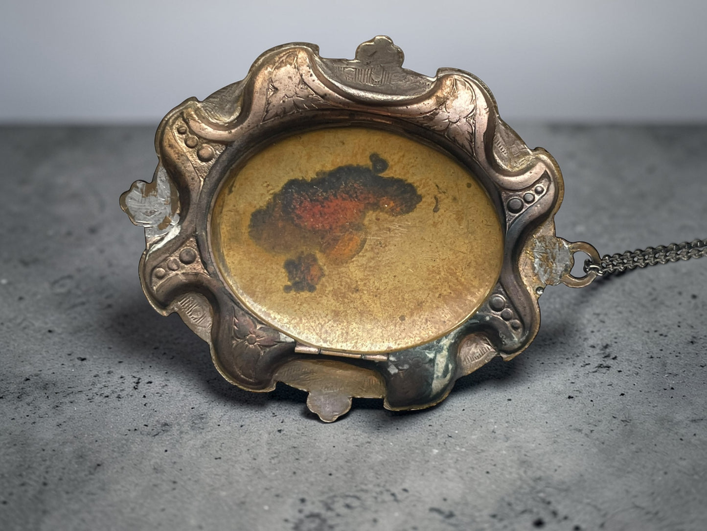 Edwardian Porcelain Silhouette  Courting Couple Colorful Limogé Cameo Gilded Brass Locket Sterling Necklace