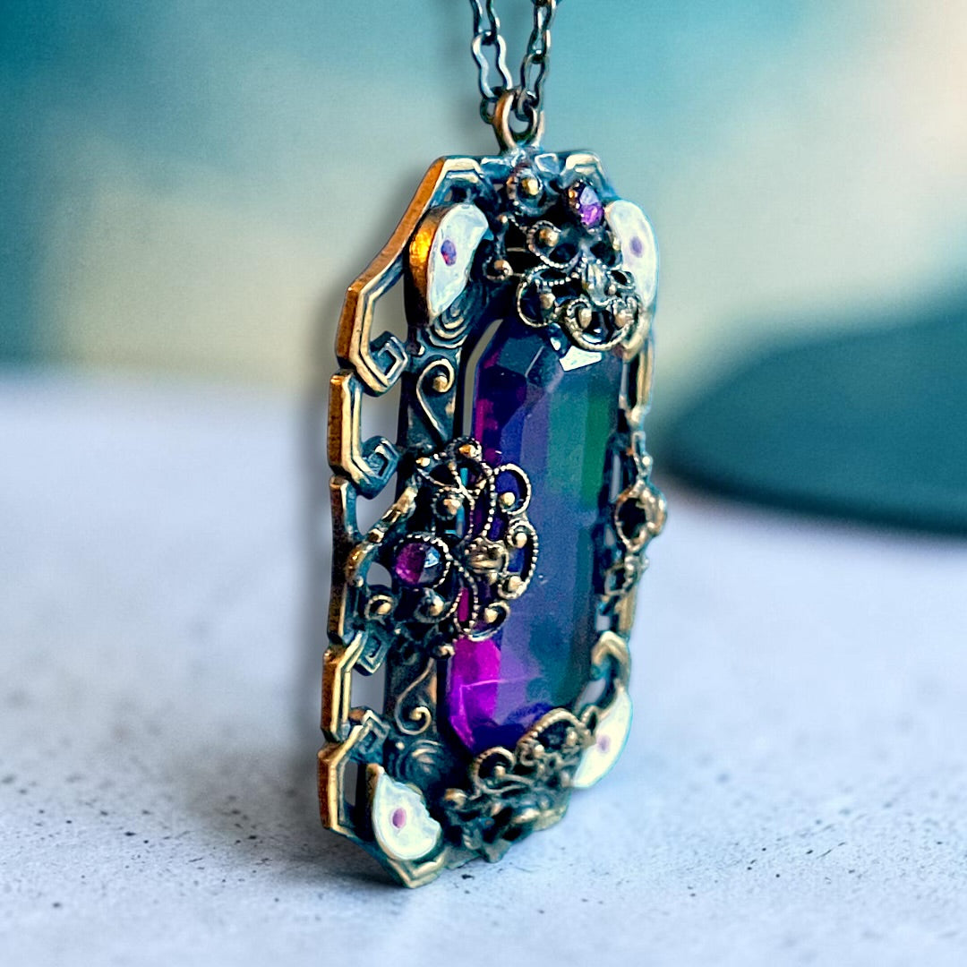 Art Nouveau Neiger Brothers Purple Crystal & Enamel Brass Filigree Necklace