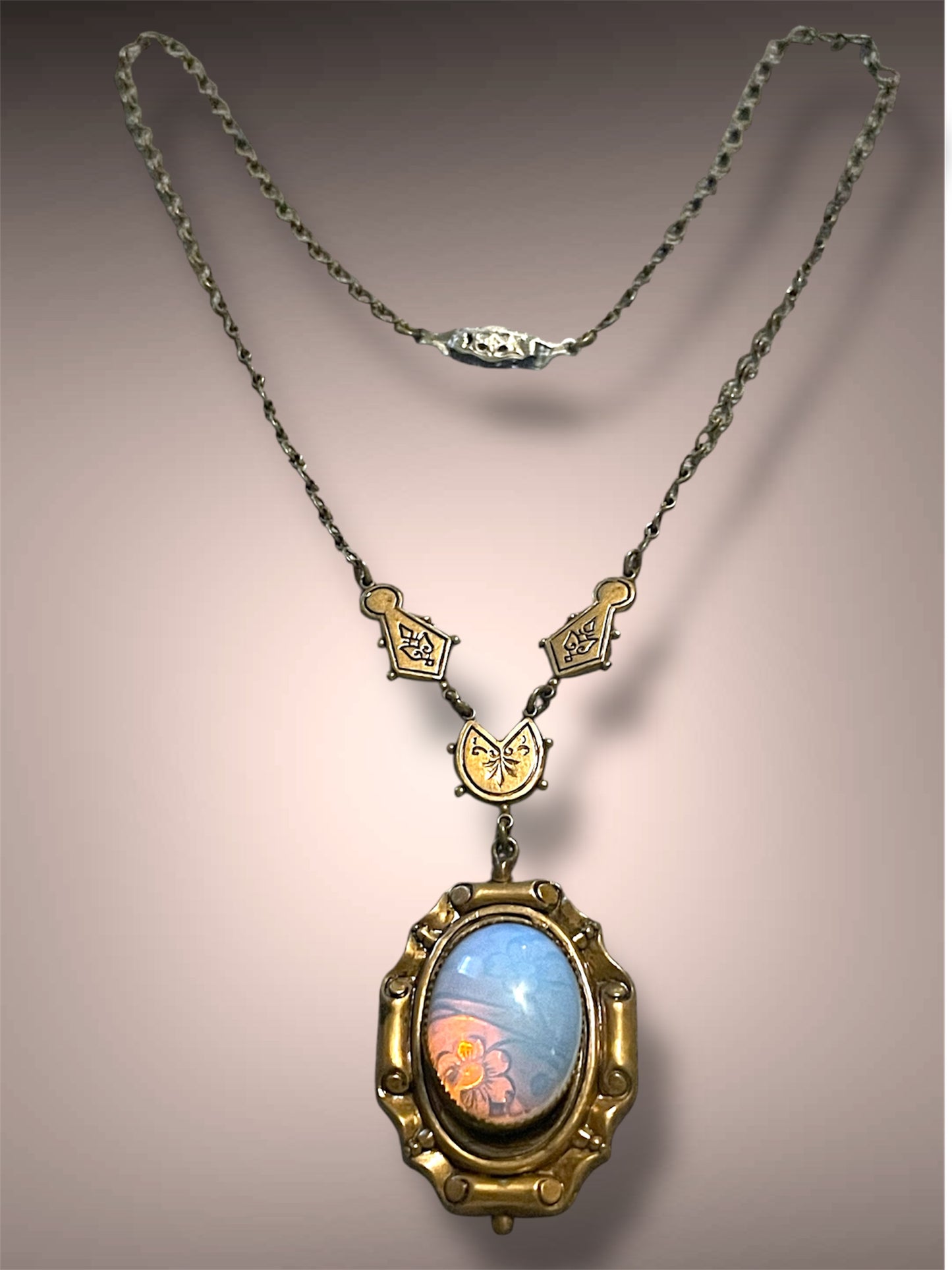 Victorian Opalite Floral Design See Through Gilt Brass Necklace