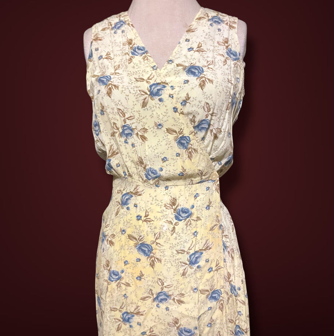 1990’s GAP Pale Yellow & Blue Floral Sleeveless Maxi Wrap Dress sz XS