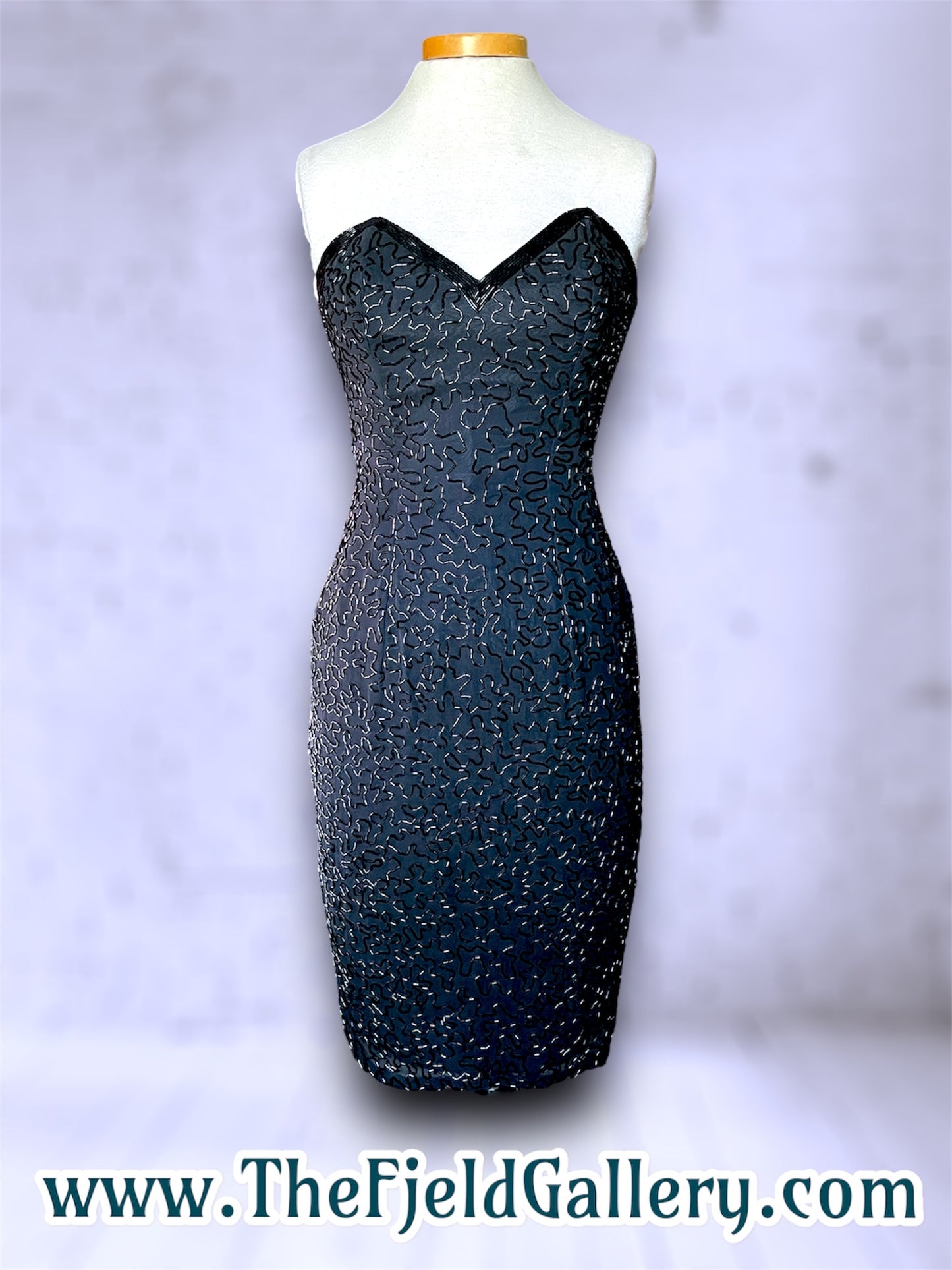 Vintage Lillie Rubin Designer Silk & Beaded Black Strapless Dress