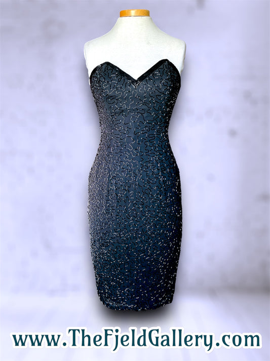 Vintage Lillie Rubin Designer Silk & Beaded Black Strapless Dress